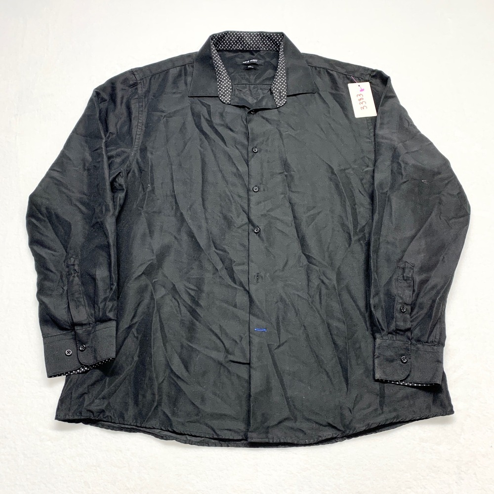 Nine West Slim Fit Button Down Mens XL Black Long Sleeve Contrast Collar Shirt L